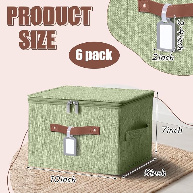 6 Pack Fabric Bins with Lids, 10 x 8 x 7 Inch Fabric Storage Bins with Zipper Lids and Labels, Decorative Foldable Storage Cubes with Handles for Closet Nursery Shelf Organization, Green