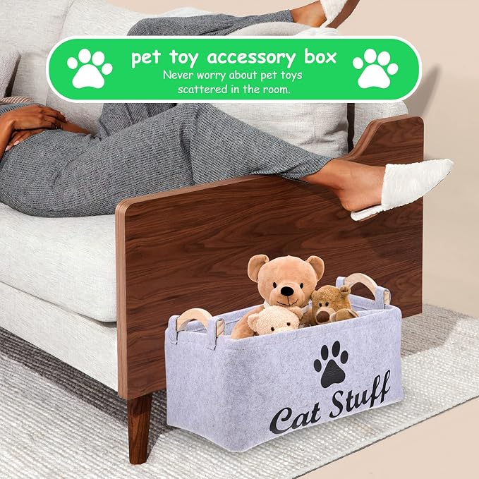 balacoo Cat Toy Storage Bin Fabric Pet Accessory Organizer Felt Basket Chest Organizer Container with Wooden Handle for Dog Rope Toys Blankets Leashes Clothing Grey