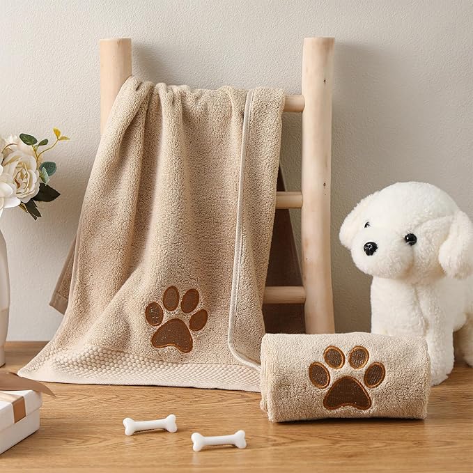 SmoothNovelty 2 Pcs Dog Paw Hand Towels Bathroom Decor 13 x 29 Inch 100% Cotton Embroidered Soft Hand Towels Absorbent Farmhouse for Kitchen Restroom (Brown)