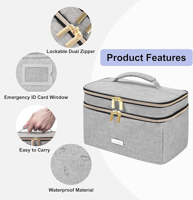 Lexeeco Medicine Storage Bag Pill Bottle Organizer with Portable Small Pouch Travel Medication Bottle Organizer for Emergency Home First Aid Box Kit (Gray) | Medication Case with Lockable Zipper for Pill,Vitamin,Medicine Storage Box for College Dorm St...