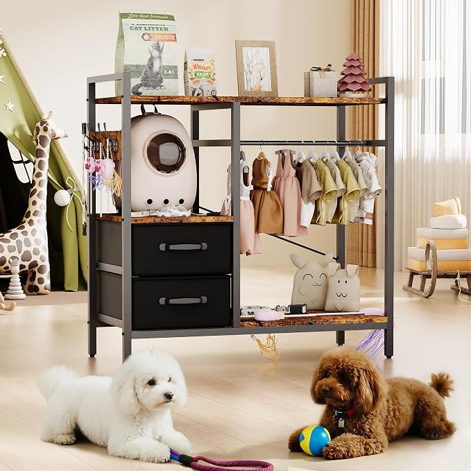 Pet Wardrobe Closet with 2 Drawers & 4 Hooks, Freestanding Pet Clothes Storage Organizer with Hanging Rod, Metal Frame Storage Cabinet for Dogs Cats