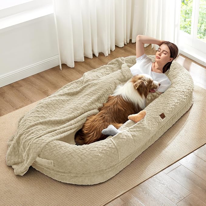 ChiXnuggle Orthopedic Human Dog Bed,with Faux Fur Washable Cover,Blanket | linen,72*40*10,giant dog bed for adult or extra large dogs,egg crate foam,non-slip bottom