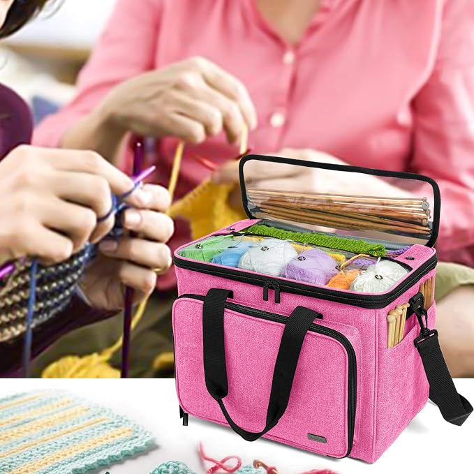 Teamoy Knitting Bag, Yarn Storage Organizer Crochet Bag Tote, Pink | Yarn Holder with Inner Divider(Sewn to Bottom) for Crochet Hook, Knitting Needles(Up to 14"), Project and Crocheting Supplies