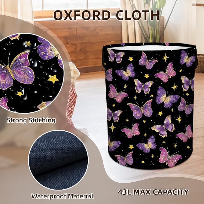 Butterfly Laundry Hamper Girls Boys, Baby Nursery Laundry Basket for Bedroom, Round Collapsible Waterproof Storage Bin with Handles for Toys, Storage Basket for Boy, Butterfly Room Decor, 13.8x17.7in