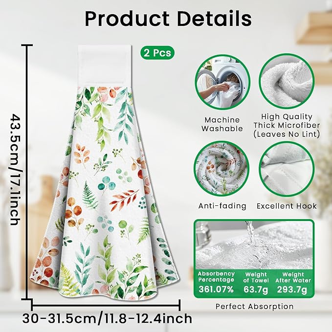 CUTHOLLOW Watercolor Leaves Hanging Kitchen Towels with Loop, Set of 2 - Soft & Super Absorbent Microfiber Decorative Hanging Dish & Hand Towel, Tea, Coffee Towel for Kitchen Bathroom Oven Handle