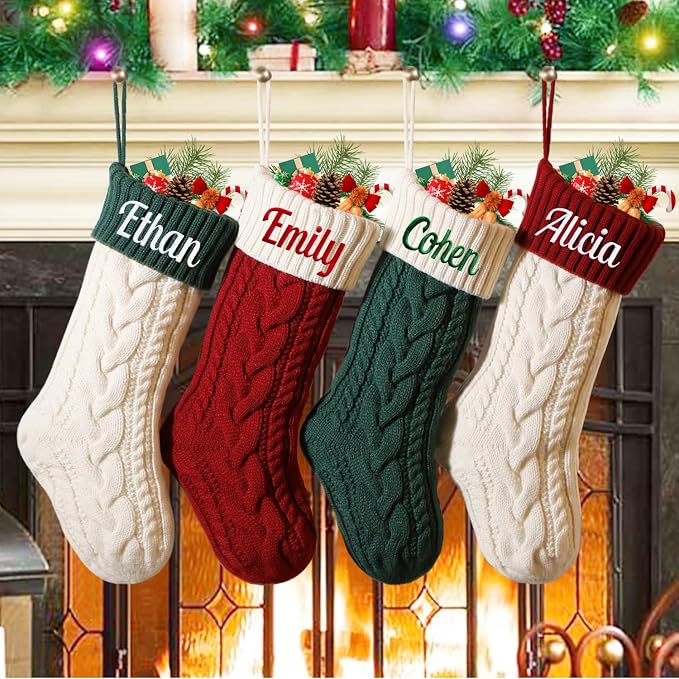 Personalized Christmas Stockings, 18" Large Custom Knit Christmas Stockings with Embroidery Name, Color-Contrast Twisted Stocking for Xmas Holiday Decoration(1 Pcs)