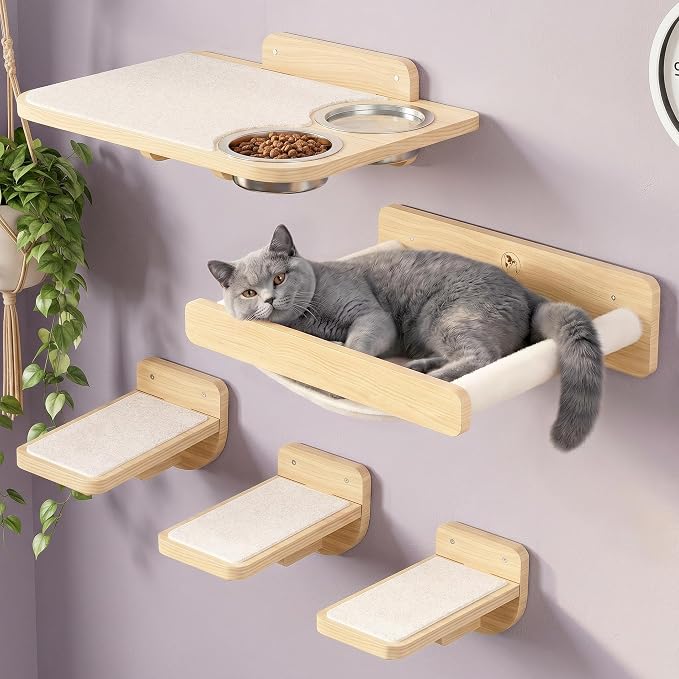 Cat Wall Shelves - Wall Mounted Cat Shelves with Feeding Station | Solid Pinewood, Beige Carpet, Supports Up to 33 lbs, Stainless Bowls, Dog-proof, Lounging, Climbing