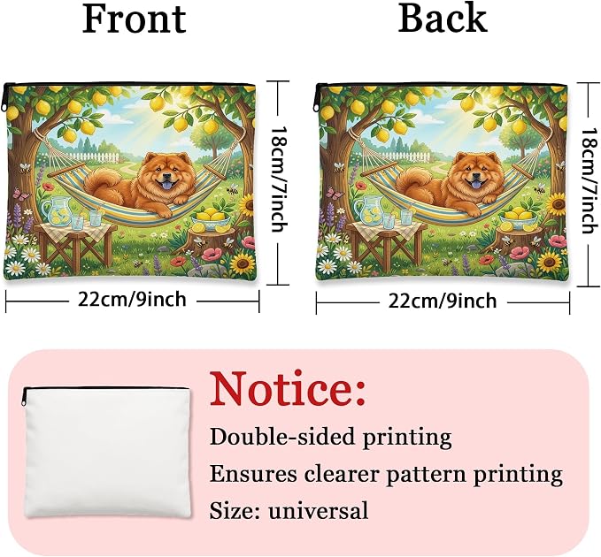 Chow Chow Dog Makeup Bag, Country Lemon Floral Plant Printed Cosmetic Travel Pouch for Women, Pet Portable Small Canvas Zipper Organizer 7x9 Inch