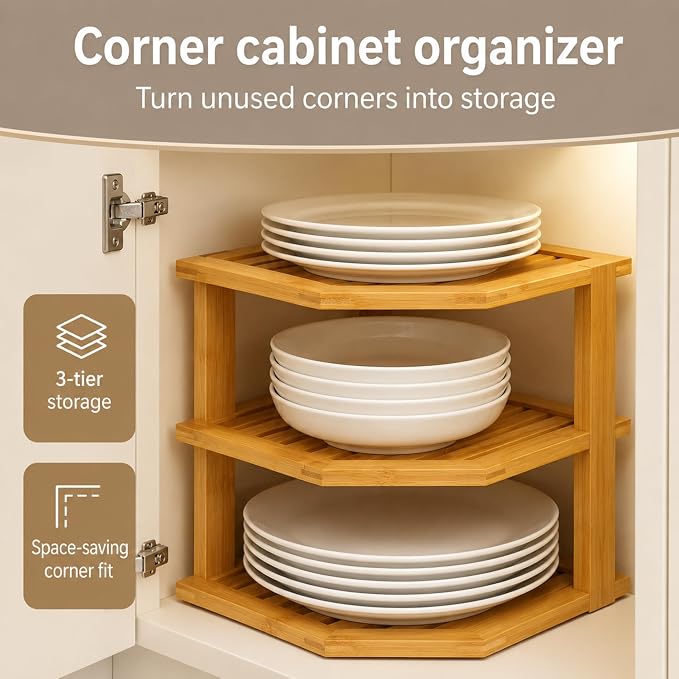 Bambüsi Kitchen Cabinet Organizer, Corner Plate Organizer for Cabinet | 3-Tier Bamboo Corner Shelf Rack, Holds Plates Bowls Mugs Cups, Space Saving Dish Storage Organization, Easy Assembly