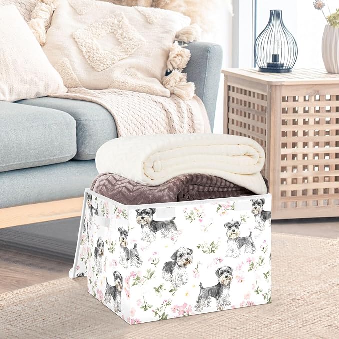 Aesthetic Miniature Schnauzer Dogs White Storage Box Organization And Storage With Lid Handle for Craft Shelves