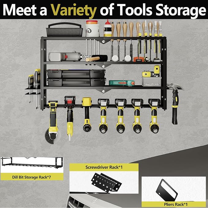 AZERPIAN Power Tool Organizer Heavy Duty Wall Mount Drill Tools Holder | Garage Wall Mount Tool Rack, Workshop Metal Cordless Tool Shelf, 3 Layers Utility Storage Racks for 7 Drill Holders