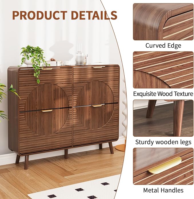 Shoe Storage Cabinet with 4 Flip Drawers for Entryway, 47.4" Freestanding Hidden Shoe Rack Cabinet, Narrow Shoe Organizer for Hallway, Foyer (Walnut, 4 Doors)