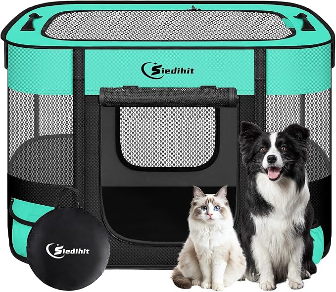 Siedihit 31" Dog Playpen,Cat Puppy Pen, Pet Portable Crate Indoor Outdoor | Durable Travel Camping Use,Foldable Dog Kennel Tent Cage for Rabbit Small Animals with Carrying Case(Green, Medium）