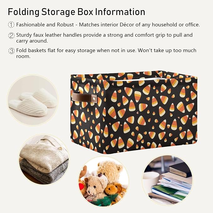 Wamika Halloween Corn Candy Storage Basket with Waterproof Liner and PU Handles Trick or Treat Black Storage Bins Boxes 14.2" Collapsible Decorative Organizer Baskets for Bedroom Closet Office 2 Pack