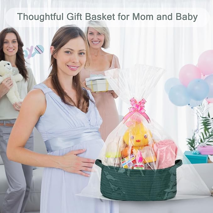 COMSE Empty Small Gift Basket with Bag & Ribbons, Dark Green | Cotton Rope, 12"x 8"x 5", Baby Toy Organizer, Stores Small Items for Bedrooms, Nurseries, Bathrooms, Living Rooms, Offices