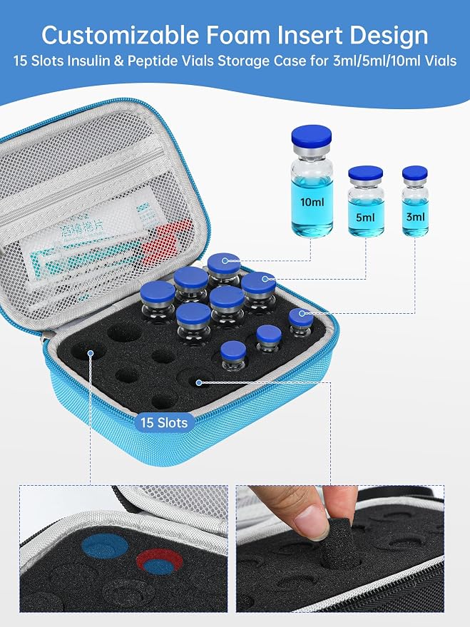 Peptide Case for Fridge - 15 Slots, Insulin & Peptide Vials Storage Case for 3ml 5ml 10ml Vials, Adjustable Travel Safe Organizer, Fit for Diabetics, Weight‑Management (Blue)