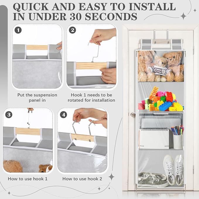 SATINIOR Hanging Stuffed Animal Storage with Zippers Dustproof over The Door Organizer with Large Pockets Different Hanging Methods for Shoes, File (Light Gray,4 Layer)