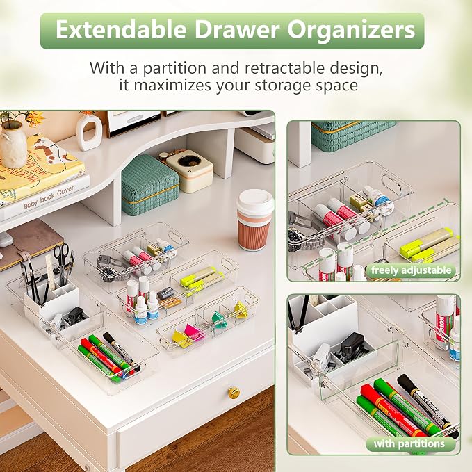 BLULEE 4-in-1 Expandable Drawer Organizer Set, Adjustable Clear Bins | with Dividers for Kitchen, Bathroom, Vanity & Office, Scalable Trays for Cosmetics, Utensils & Desk Accessories (16 Pcs)