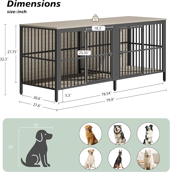 80" Dog Crate End Table, Heavy Duty 2-Door Indoor Pet Kennel, Multipurpose Dog House Furniture as TV Stand or Side Table for Living Room, Large & Medium Dogs (Brown)