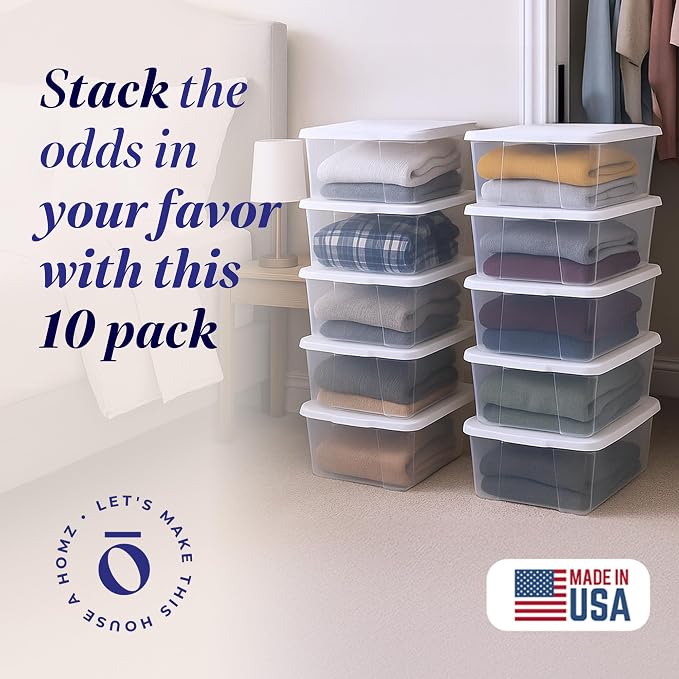 HOMZ Clear Plastic Storage Bins w/Snaplock Lids, 6 Qt, White, 10 Pack | Stackable Container Set for Home, Office Shelves, Kitchen, Garage, and Bathroom Organization