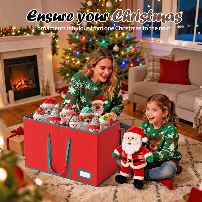 Christmas Figurine Storage Box & Nutcracker Storage Containers with Visible Lid for 15-inch Collectibles, Large Holiday Ornament Decor Organizer Keeps 8 Figurines, Xmas Decoration Storage Box, Red