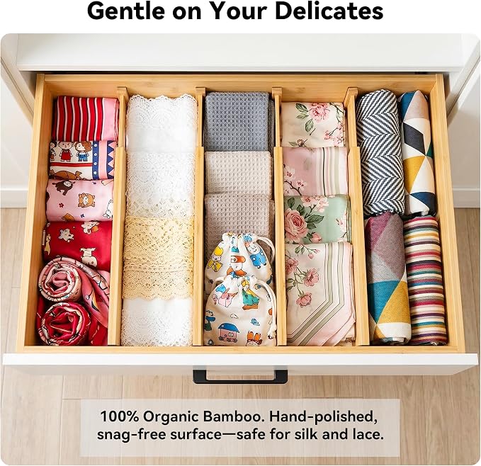 4 Pack 8" Deep Bamboo Drawer Dividers, 17-22" Expandable Kitchen Organizers | Adjustable Spring-Loaded Tension Separators with Foam Pad for Clothes, Utensils, Kitchen, Dresser, Nursery & Bathroom