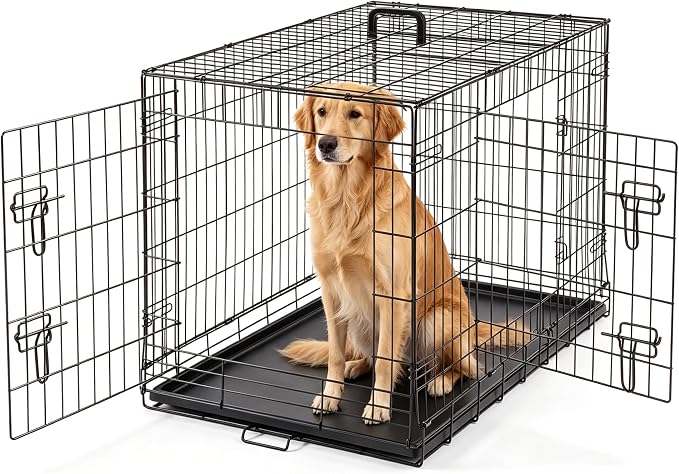 DUMOS 36 Inch Dog Crate, Foldable Small Medium Dog Cage Pet Kennel | Double Door Metal Wire, Plastic Leak-Proof Pan Tray, Portable Indoor Outdoor Training Travel