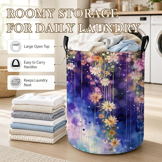 Laundry Hamper, Colorful Flowers Collapsible Blue White Laundry Baskets Waterproof Oxford Cloth With Handles, Clothes Storage Bucket For Bathroom/Bedroom 16" x 20.8"