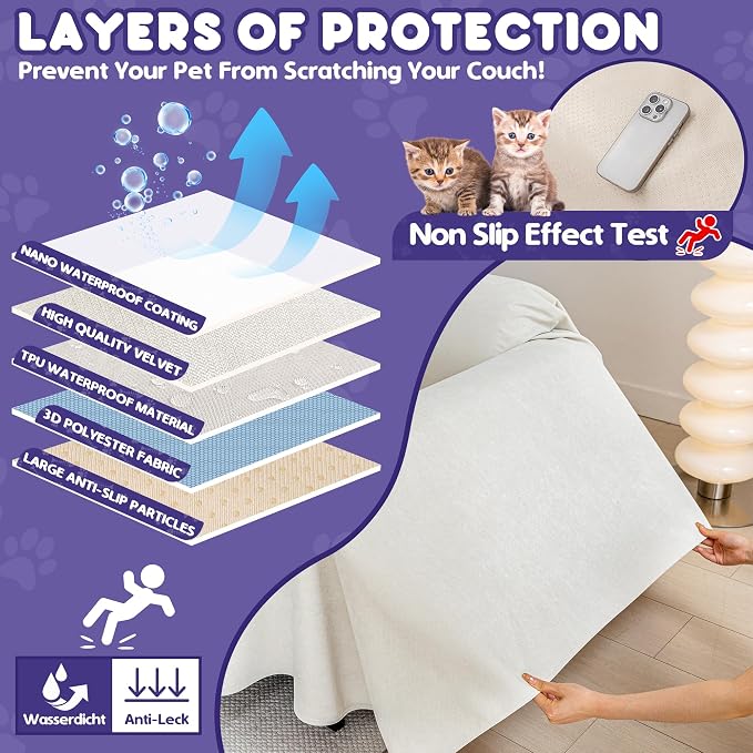 Loiion Cat Scratch Proof Furniture Protector Waterproof Sofa Cover 150"x91" | Pet-Friendly Couch Protector, Anti-Scratch & Anti-Slip Sofa Cover For Cats Dogs Kids, Machine Washable