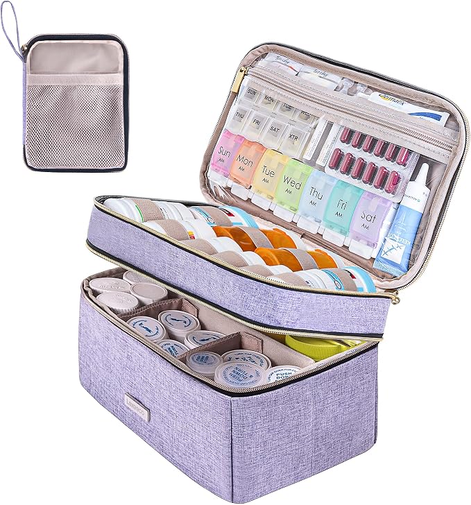 Lexeeco Travel Medicine Pill Bottle Organizer Bag with Portable Small Pouch | Medication Case with Lockable Zipper for Pill,Vitamin,Medicine Storage Box for College Dorm Student,Home,First Aid Bag Empty