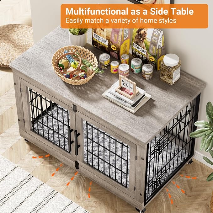 Large Dog Crate Furniture, 38'' Heavy Duty Wood Kennel w/Cushion & Wheels | Grey, Double Doors, Wooden Dog Cage, Chew-Resistant, End Table, Decorative, 27"/32"/38"/44" Options, Indoor