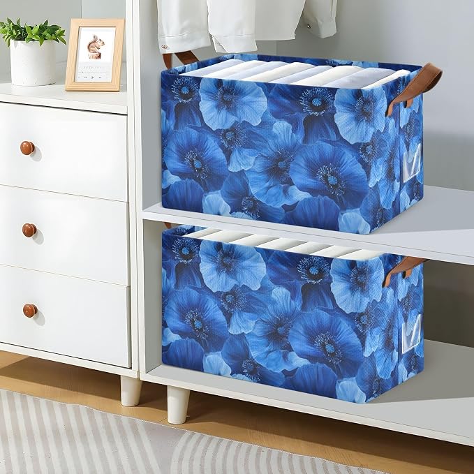 Cobalt Blue Poppy Flower Deep Blue Storage Bins for Shelves with Labels&Handles Fabric Organizer Bin Foldable Rectangle Storage Basket Boxes for Closet, Bathroom, Home, Living Room