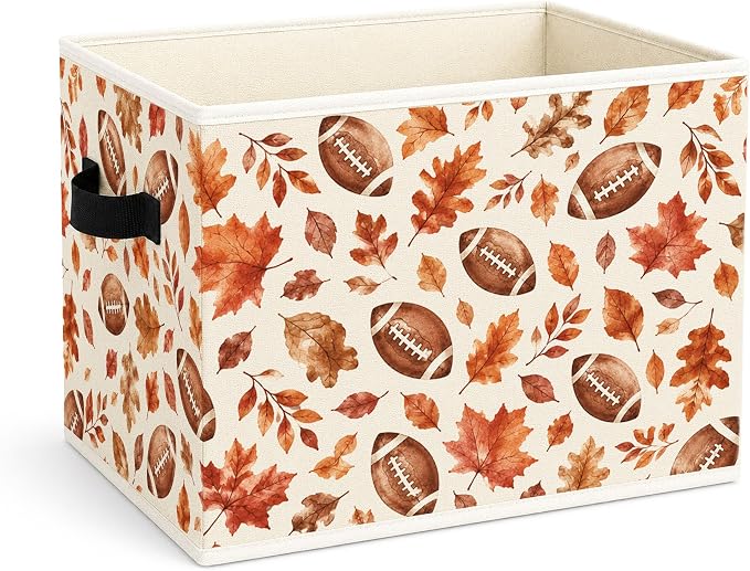 Football Fall Leaves Storage Bin, Fabric Organizer | Football and autumn leaves storage bin for toys, books, clothes, blankets, game day rooms, shelves, and closets.