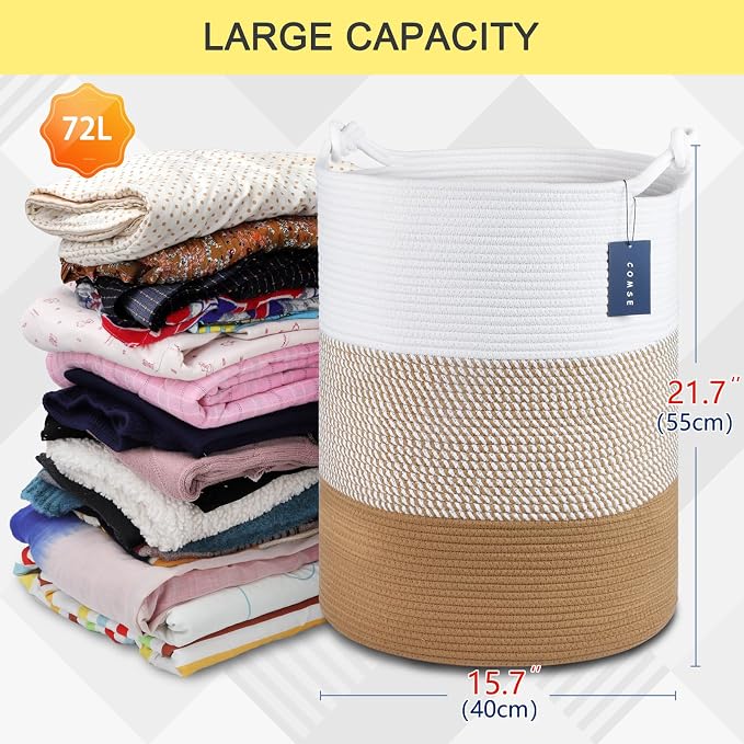 COMSE Tall Woven Blanket & Laundry Basket, 72L, White & Camel Mix | 15.7”x 21.7”, Cotton Rope, Large Nursery Hamper for Storage of Toys Clothes Towels, Great for Living Rooms Bedrooms Bathrooms