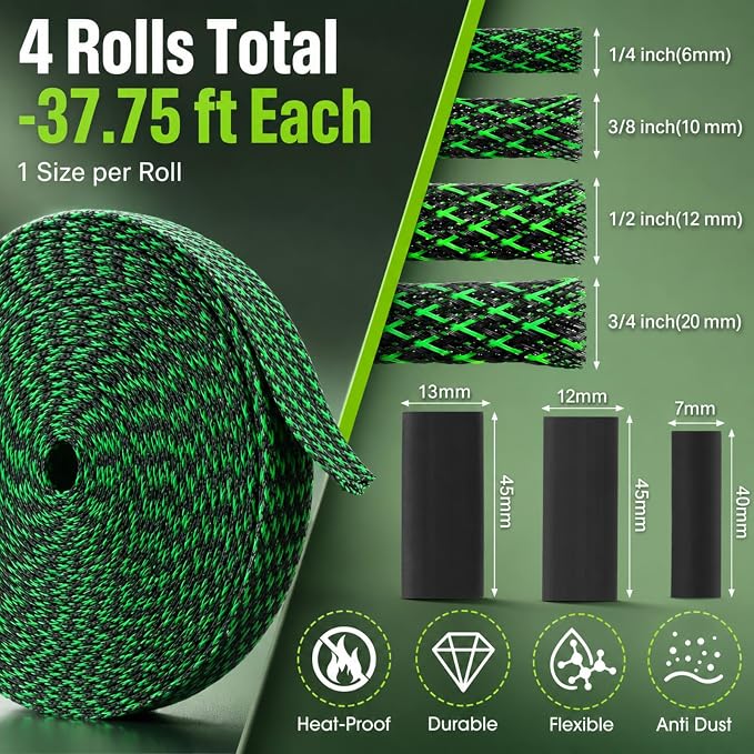 Tatuo 151 ft Braided Cable Sleeve Expandable Wire Sheathing(Green, Black) | with 120 Heat Shrink Tubing 1/4 in 2/5 in 1/2 in 3/4 in Wire Sleeve Cord Management for Television Audio Computer Video Pets