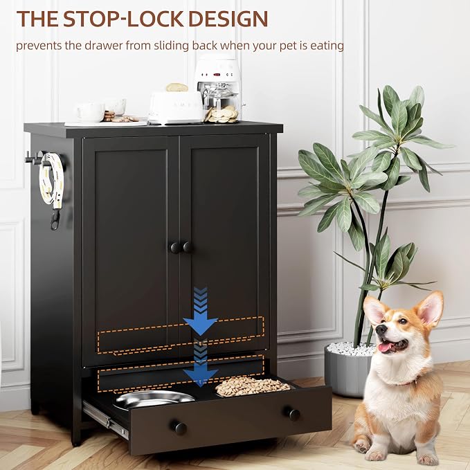 Dog Feeding Station with Storage, Metal Dog Food Storage Cabinet with 2 Elevated Bowls and 3 Hooks, Pet Feeding Station and Dogs Food Storage Organizer