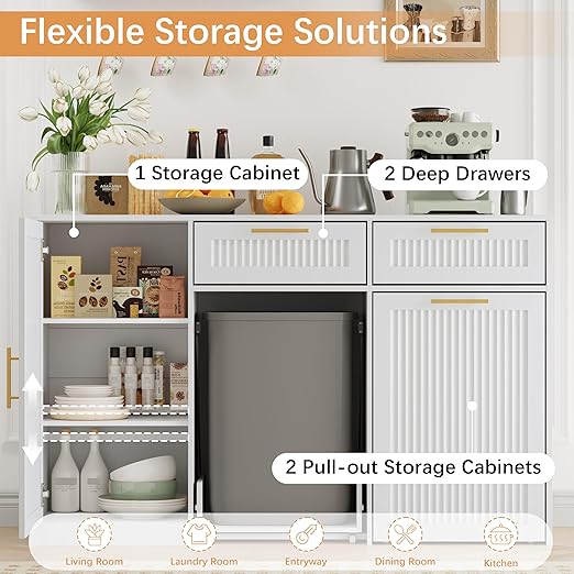 2 X 13 Gallons Double Pull Out Trash Can Cabinet with Storage, White | 54"W Fluted Kitchen Trash Cabinet with Adjustable Shelf & Drawers, Hidden Pet Proof Trash Can Holder for Laundry Living Room