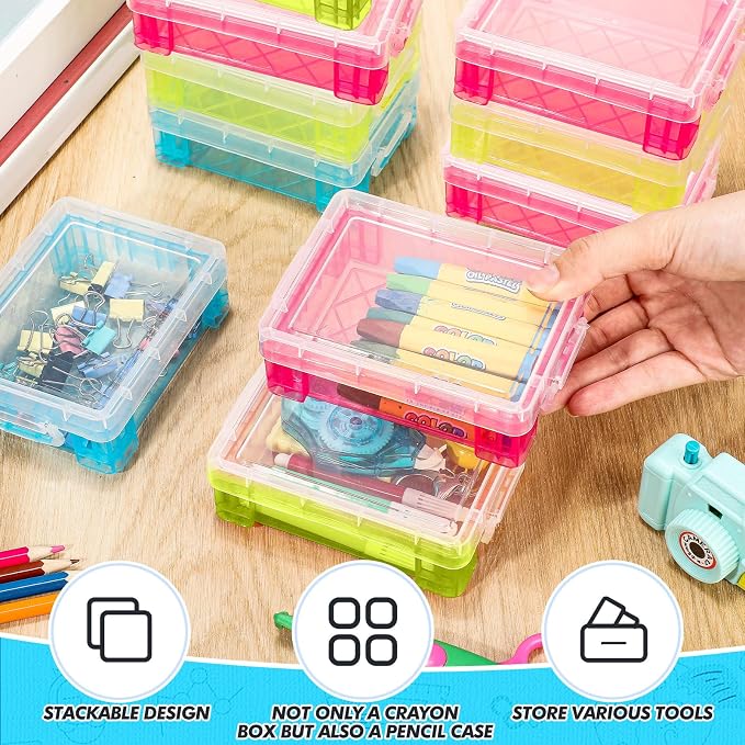Suzile 50 Pcs Plastic Crayon Box with Lid 4.8 x 3.4 x 1.6, Red, Green, Blue | Small Crayon Storage Containers Bulk, for Office School Classroom, Art Crafts Pen Pencil Organizers, Back to School Supplies