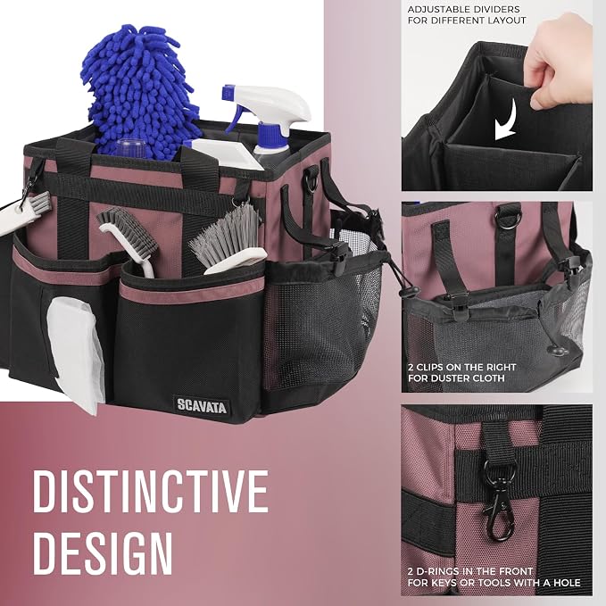 SCAVATA Compact Wearable Cleaning Caddy with Handle & Shoulder Straps | Small Cleaning Supplies Organizer, Under Sink & Car Cleaning Tools Storage Bag for Housekeepers Cleaners, LotusPink