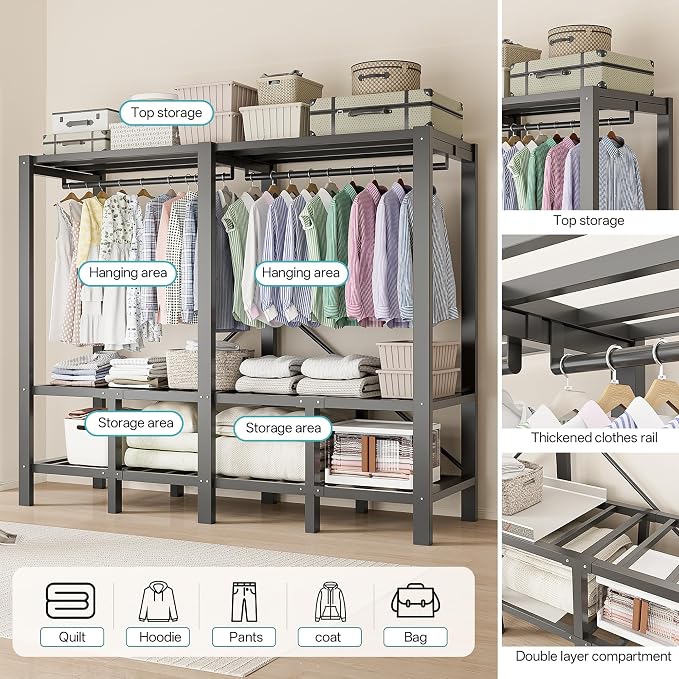 71in Heavy Duty Portable Closet with Cover, 1500lbs Foldable Covered Metal Clothing Wardrobe Closet System, Heavy Duty Garment Rack for Hanging Clothes, for Bedroom,Apartment,Rental Property,Gray