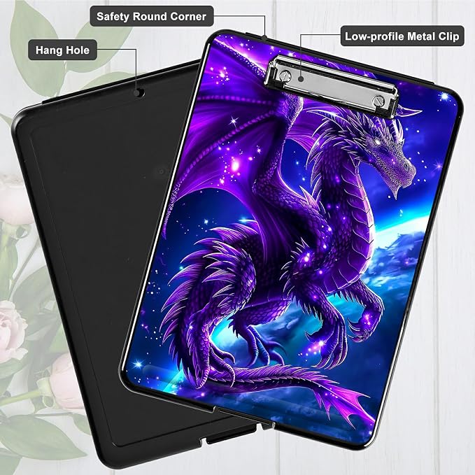 Purple Planet Dragon A4 Clipboard with Storage Pen Holder, Clipboards Organizer Nursing Clipboard Foldable File Folder Plastic Clipboard Folio Clip Board for Office Students Classroom