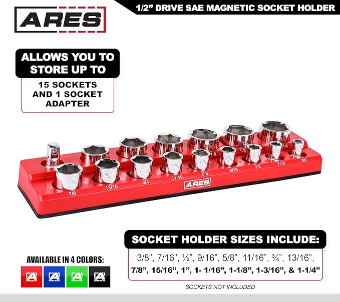 ARES 70236 16-Pc 1/2-In SAE Magnetic Socket Organizer | Part No. 70236; Holds 15 Sockets and 1 Socket Adapter; Keeps Your Tool Box Organized