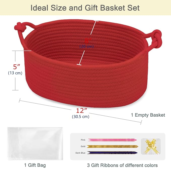 Small Empty Gift Basket with Bag & Ribbons, Red | 12“x8”x5”, Cotton Rope Woven Basket for Birthdays, Baby Showers, Mother's Day, Christmas; Stores Small Items, Kids & Pet Toys