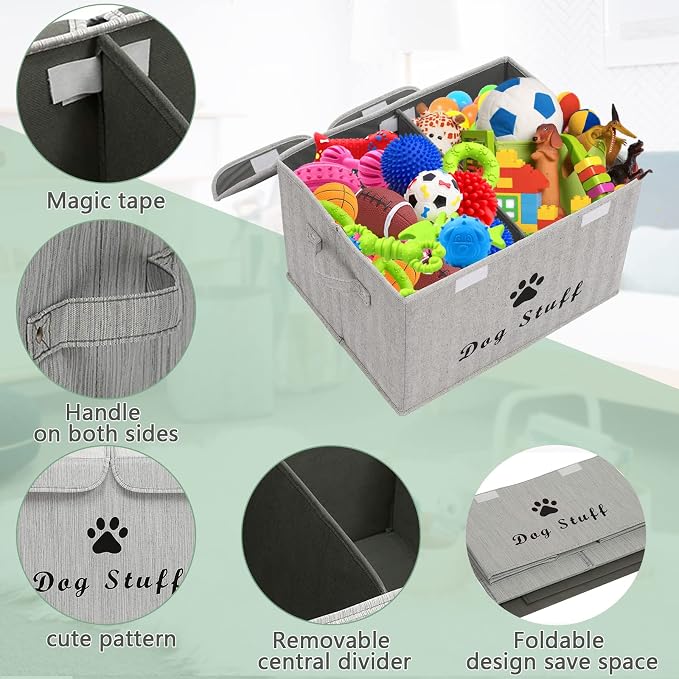 Large Storage Boxes - Large Linen Fabric Foldable Storage Cubes Bin Box Containers with Lid and Handles for Dog Apparel & Accessories, Dog Toys(BambooGray)