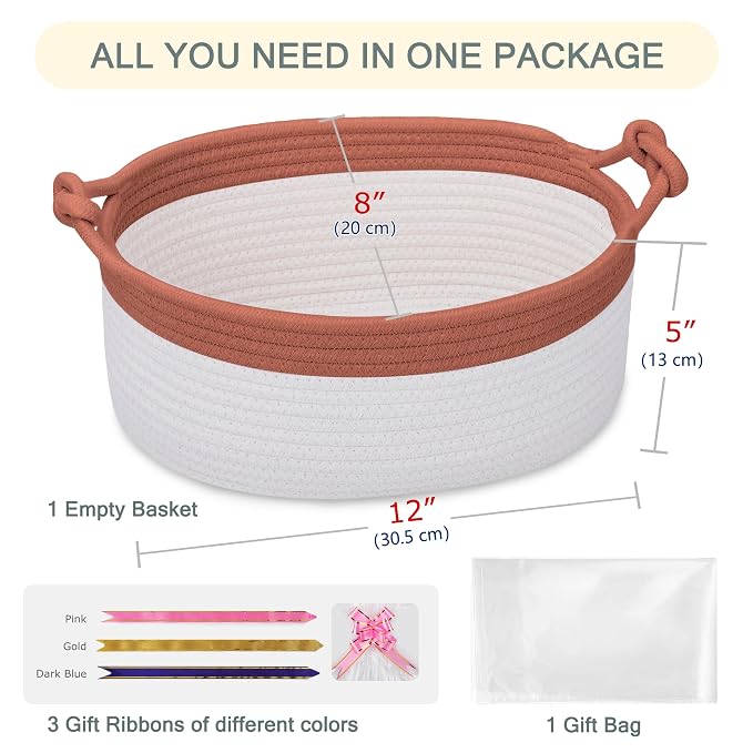 COMSE Small Gift Basket Empty with Bag & Ribbons, Autumn Glaze & White | Cotton Rope, 12"x 8"x 5", Pet Toy Storage Organizer, Woven Basket for Birthdays, Baby Showers, Mother’s Day, Valentine’s Day