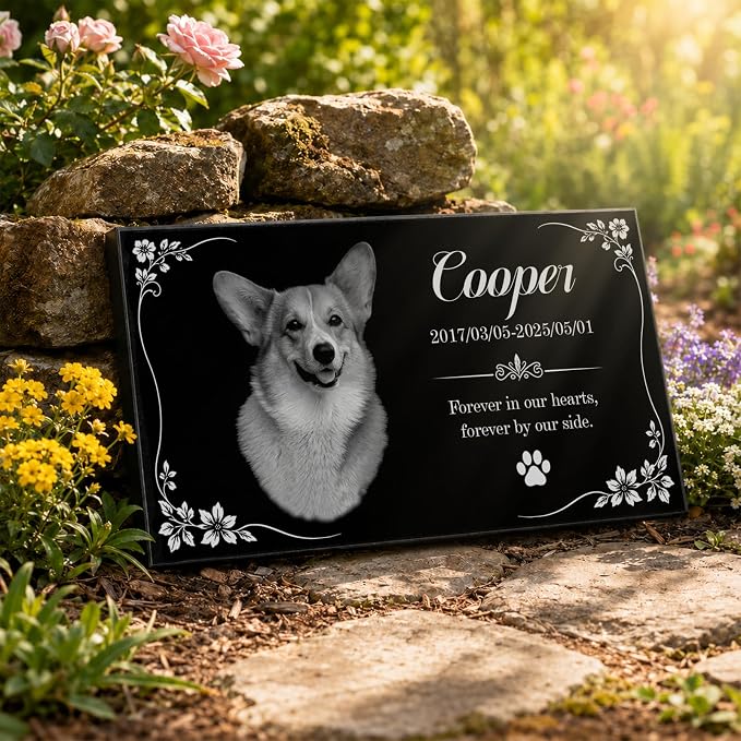 Personalized Pet Memorial Stone, Custom Granite Pet Grave Marker | for Dogs & Cats , Engraved Memorial Plaque with Photo Name Dates & Message, Indoor Outdoor Garden or Tabletop Display