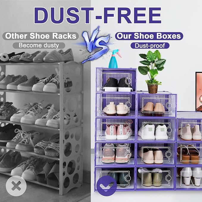 Kuject Large Shoe Organizers Storage Boxes for Closet, 12 Pack Clear Plastic Stackable Storage Bins with Lids, Under Bed Shoe Containers for Entryway, Drop Front, Fit up to Women's Size 10,Purple
