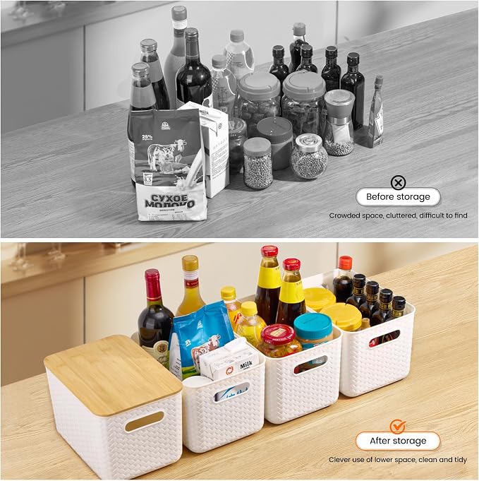 Ohmlove 4 Pack Storage Bins with Bamboo Lids,Stackable Box for Organization | Plastic Storage Containers with Handle, Storages Baskets for Organizing Desktop Closet Playroom Classroom Office, White