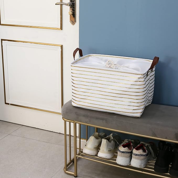Hinwo 31L Large Canvas Storage Bin with Lid and Handles, 4-Pack | Collapsible Fabric Baskets, Closet Shelf Organizers, Containers for Clothing, Blankets, Toys, Bedding (Gold Stripe)