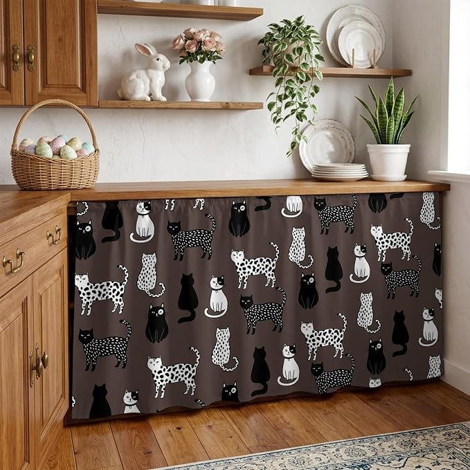 Cat Animal Cabinet Curtain 32"Wx55"L, Dustproof Pantry Door Curtain with Self Adhesive Tape, Black White Earthy Tone Vintage Pet Tall Storage Cover Privacy Drape for Bathroom Kitchen Laundry Room